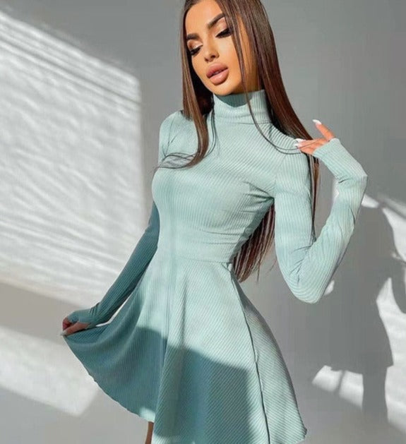 xakxx Spring Long Sleeve Solid Dress Girl A-line Pleated Skirt Prom Party Dance Clothes French Hollow Backless Dress for Women