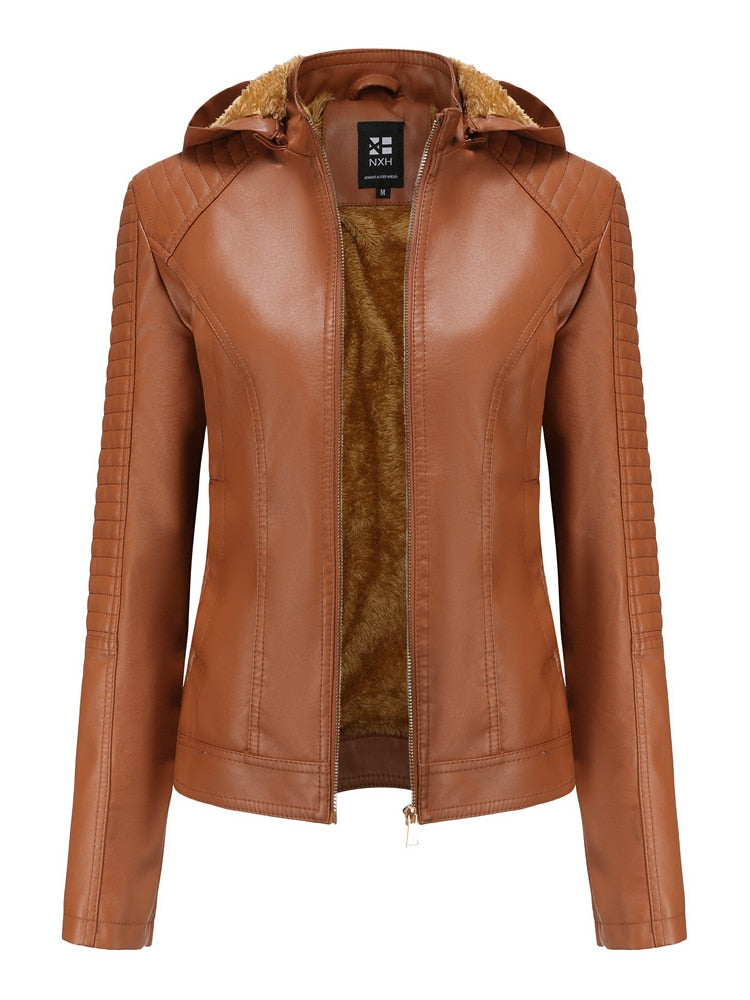 xakxx Black Leather Jackets for Women New Winter Warm Korean Fashion PU Zipper Plush Hooded Vintage Streetwear Clothes Coat Women