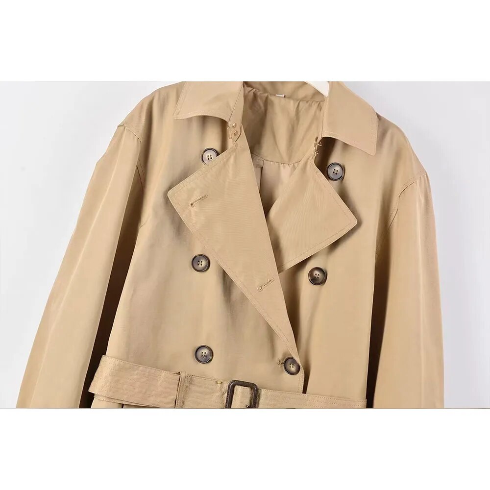 xakxx xakxx- Spring New Women's Double breasted front with metal hook closure. Pleated polo trench coat