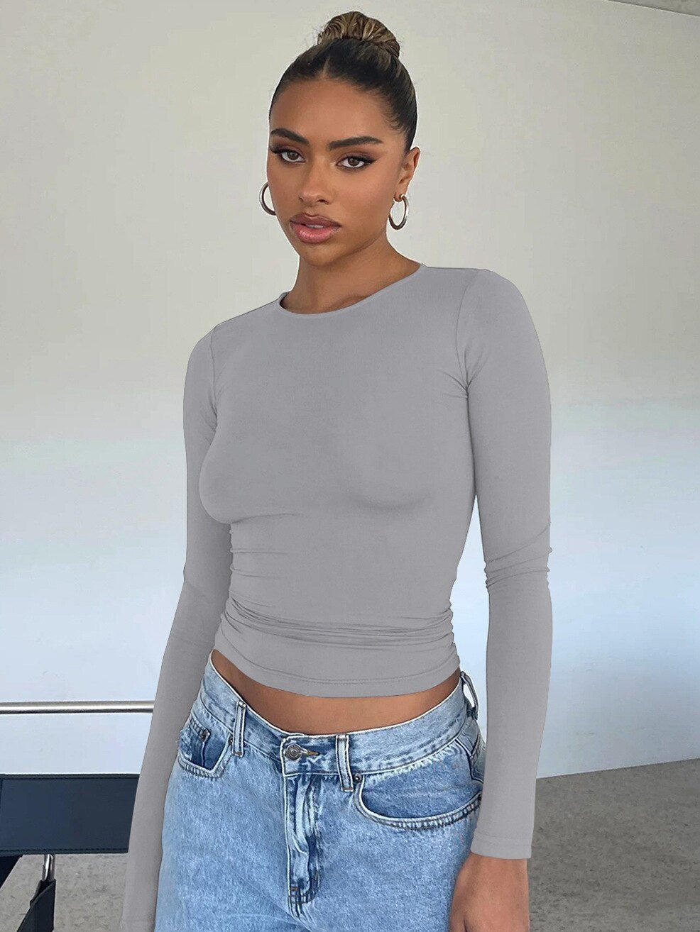 xakxx Women's T-shirt Y2K Tight Casual Long-sleeved Breathable Bottoming Shirt Versatile Outside Wear Moisture Wicking Shirts Clothes