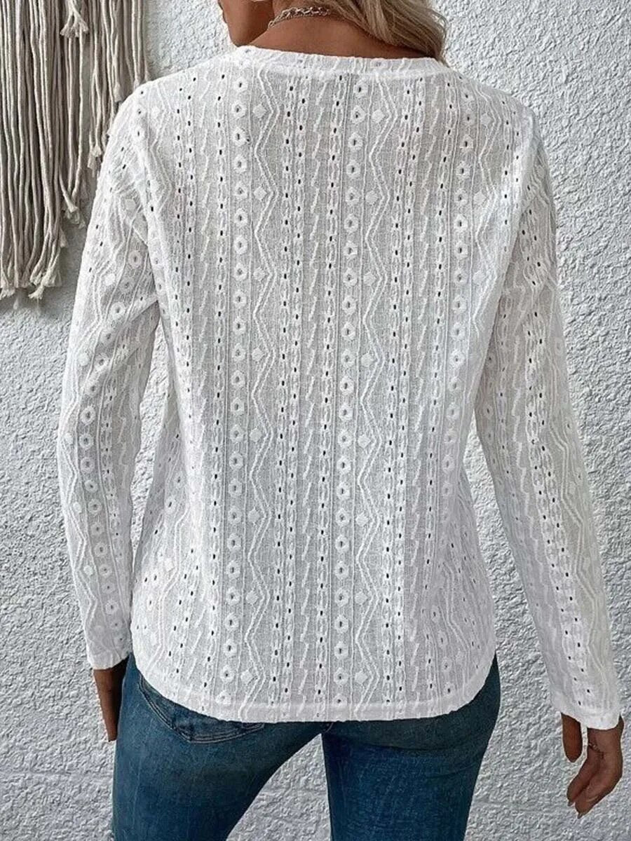 xakxx- Basic Leisure Blouse Women Hollow Out Top Solid Round Neck Pullover Long Sleeve Spring Autumn Female T-Shirts Mujer Tees