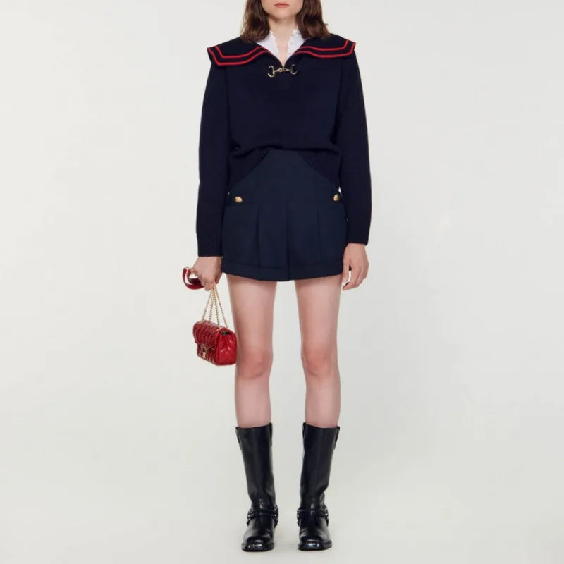 xakxx xakxx Woman Pullover Elegant Temperament Gentle Color Collision Side Lapel Buckle Knit Sweater
