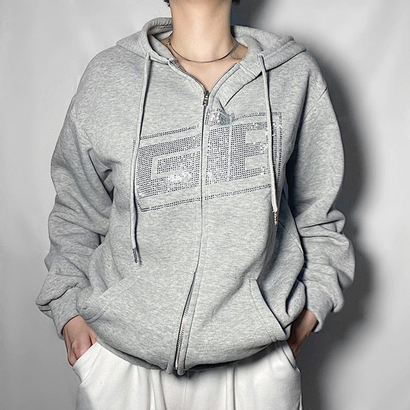xakxx Hip Hop Sweatshirts Gothic Rhinestone Graphics Jogger Jacket Suit Y2K Long Sleeve Zip Up Oversized Men Punk Hoodie Coat Clothing