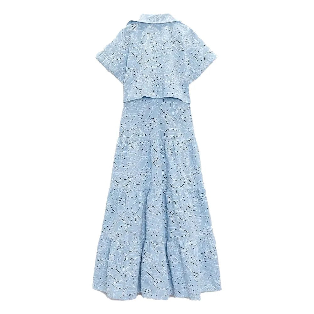 xakxx- New style women's clothing, temperament, fashion, casual, sweet, thin, lapel, short-sleeved, hollow embroidery, shirt dress