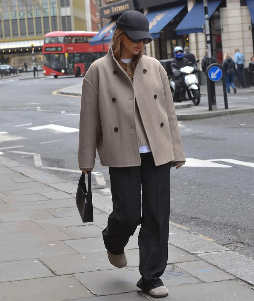 xakxx-Street Drop Shoulder Woolen Coats Stand Collar Oversize Vintage Outerwear Office Lady Brown Casual Jackets Warm