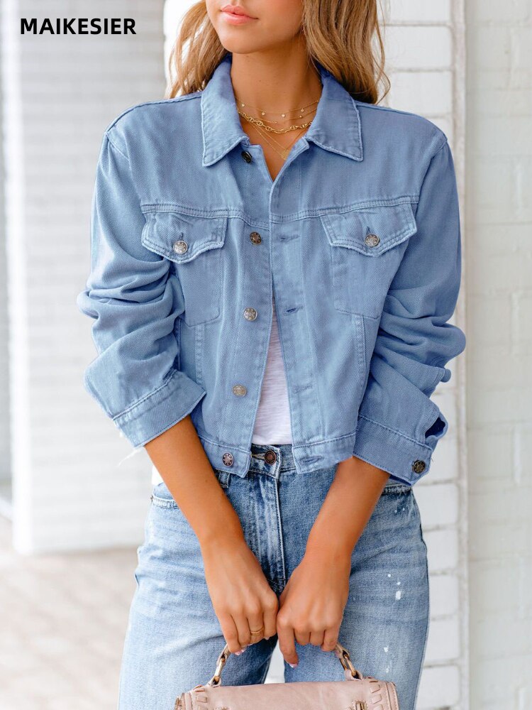 xakxx New Women's Denim Jacket Long Sleeve Loose Streetwear Blue Jacket Autumn Fashion Casual Office Lady Korean Ladies Coat Oversize