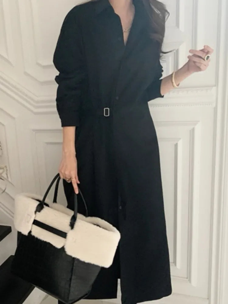 xakxx Spring Women Casual Sashes Shirt Dress Vintage A-Line Office Lady Elegant Dresses Female Midi Dress