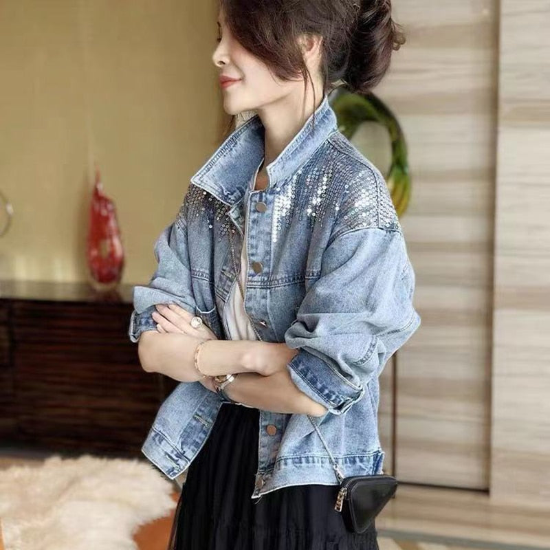 xakxx Spring Autumn Denim Jacket Women Fashion Sequin Short Lapel Jean Coats Woman Casual Full Sleeve Loose Button Coat