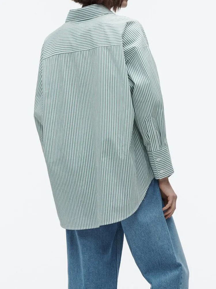 xakxx xakxx - New women's long-sleeved lapel shirt with patch pocket stripe loose poplin shirt on the front