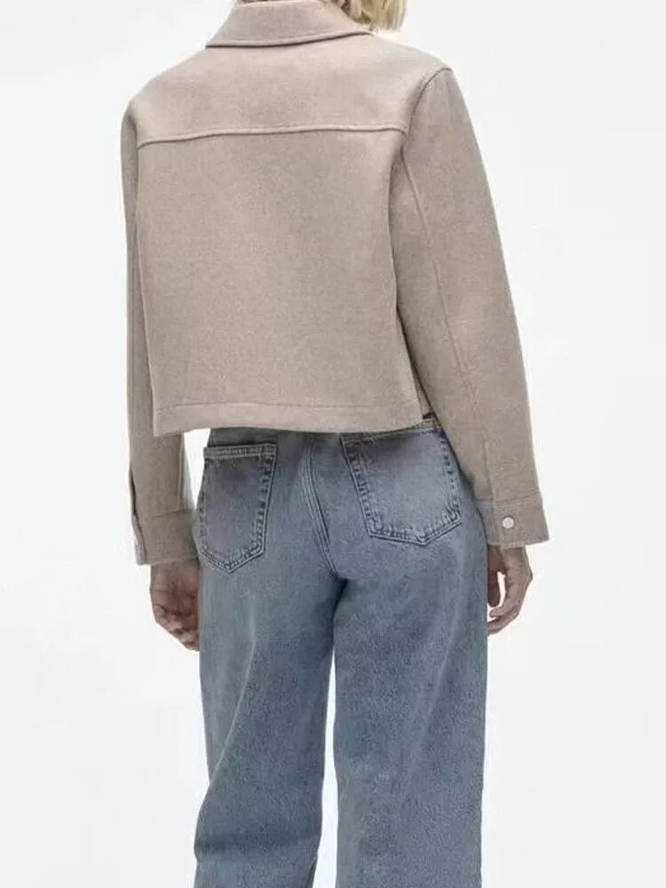 xakxx- Spring new women's front metal snap closure with patch pocket lapel long-sleeve soft jacket jacket