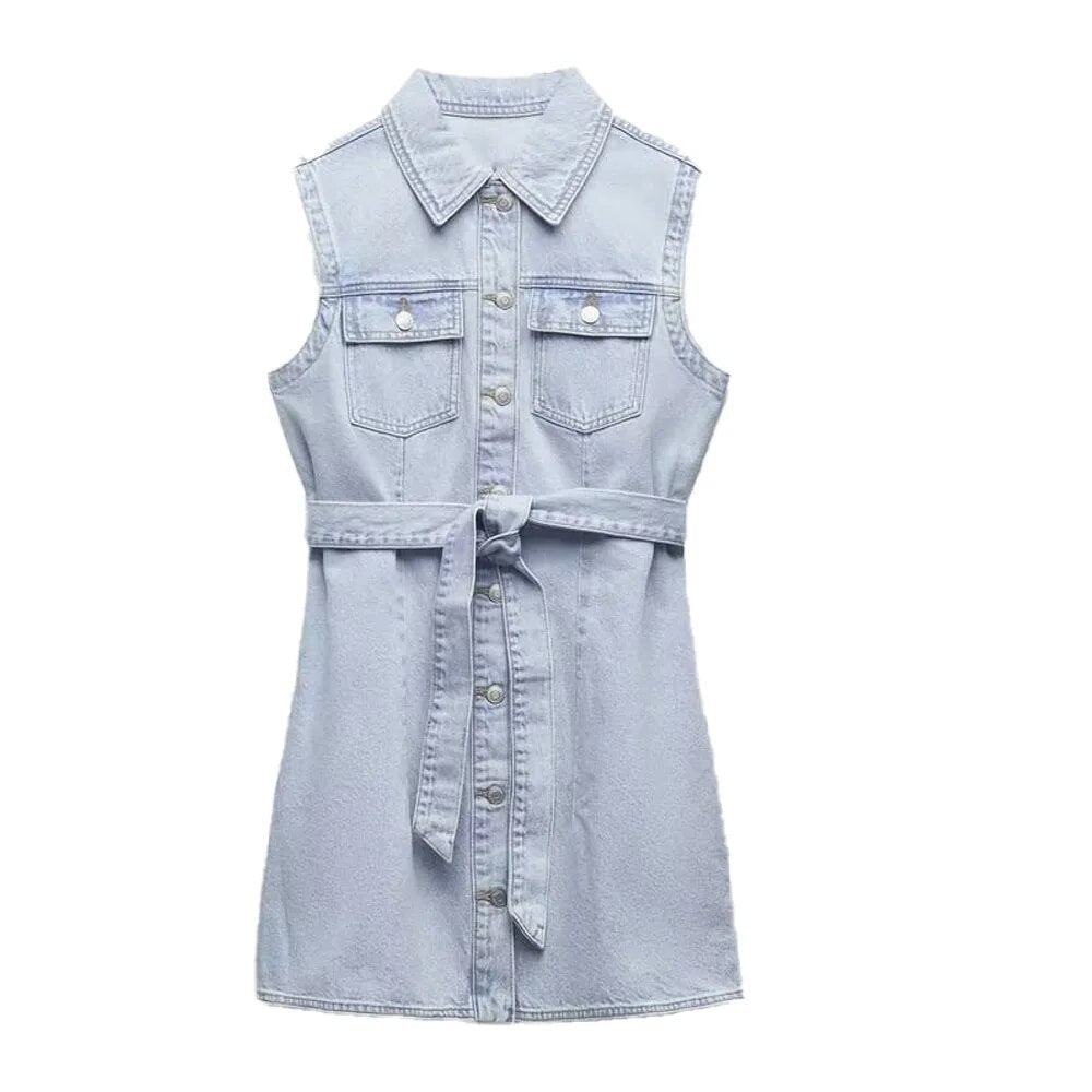 xakxx- New women's clothing, temperament, fashion, casual fashion, all-match denim dress with the same fabric bow belt and belt