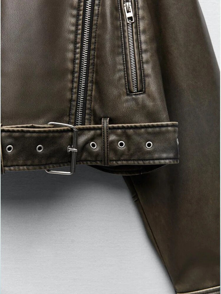 xakxx- Spring new women's front pocket with straps on shoulder lapel long-sleeved imitation leather jacket