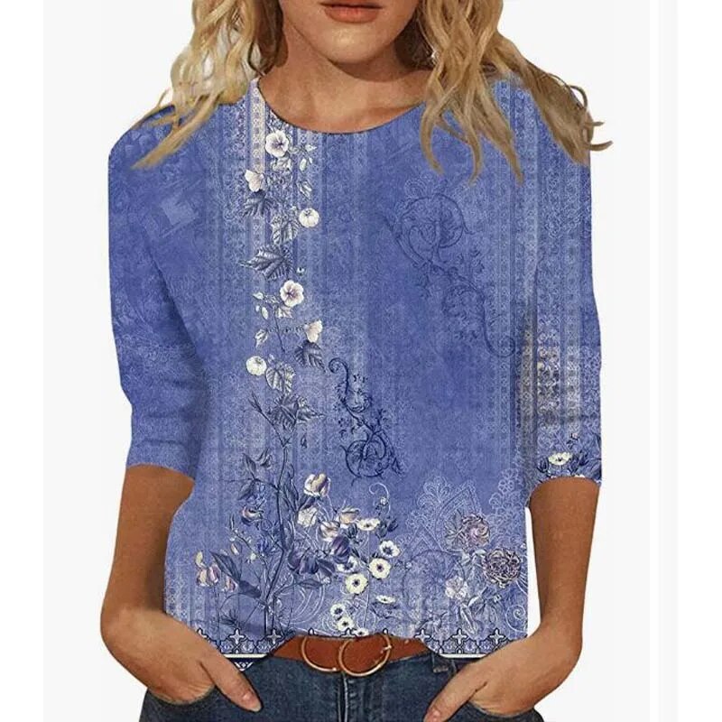 xakxx- Women Ethnic Floral Printed T Shirt Female O Neck Seven-Point Sleeve Blouse Lady Spring Summer Casual Commuter Tops