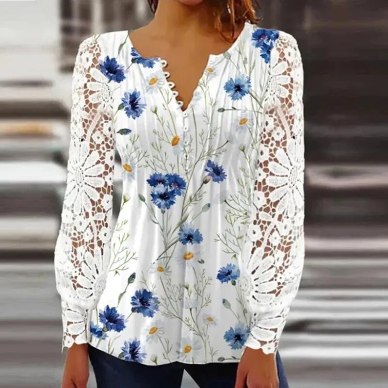 xakxx- Sexy Lace Blouses Women V Neck Hollow Out Long Sleeve Pleated Button Tops Female New Clothes Large Shirts