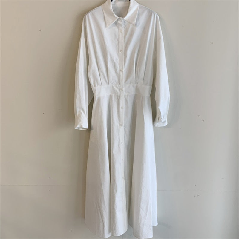 xakxx Spring Elegant Office Lady Vintage Office Puff Sleeve Shirt Dress Women Casual Single-Breasted A-Line Dresses