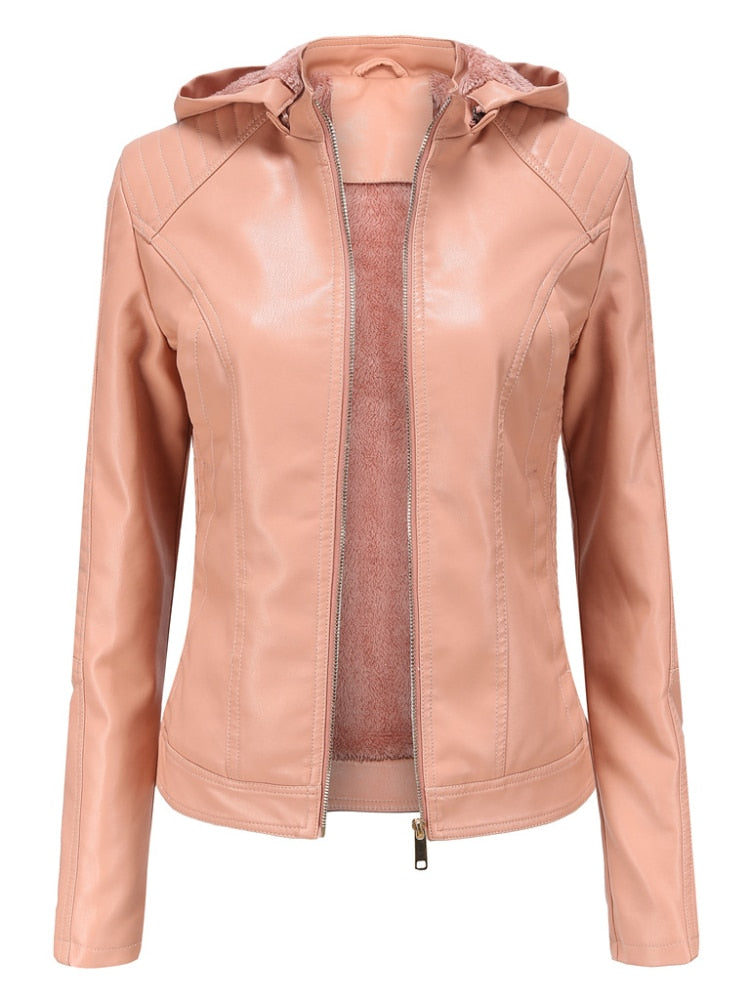 xakxx Black Leather Jackets for Women New Winter Warm Korean Fashion PU Zipper Plush Hooded Vintage Streetwear Clothes Coat Women