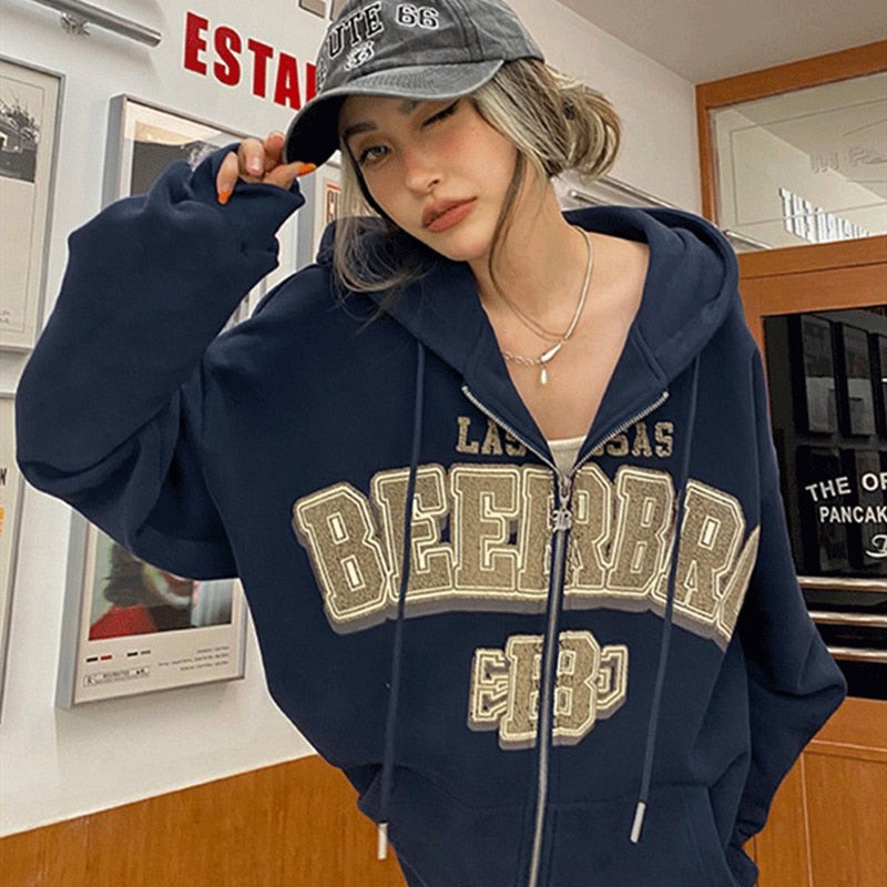 xakxx Vintage Oversized Hoodies Women Letter Printing Zip Up Sweatshirts Streetwear Casual Long Sleeve Hooded Sweatshirt Clothes Top