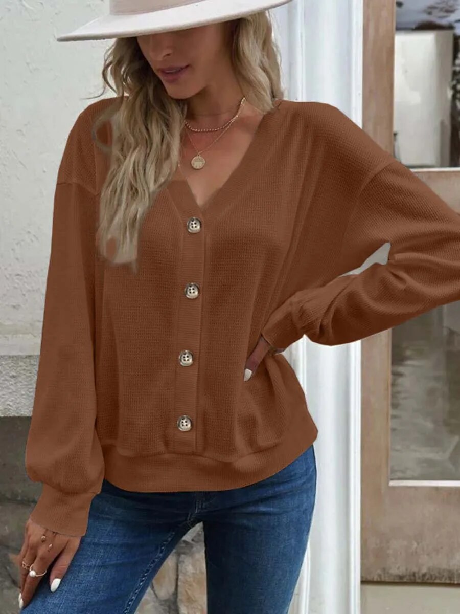 xakxx- 6 Colors Lightweight Jacket Women Button V-Neck Long Sleeve Short Coat Female Autumn Solid Cardigan Casual Loose Tops