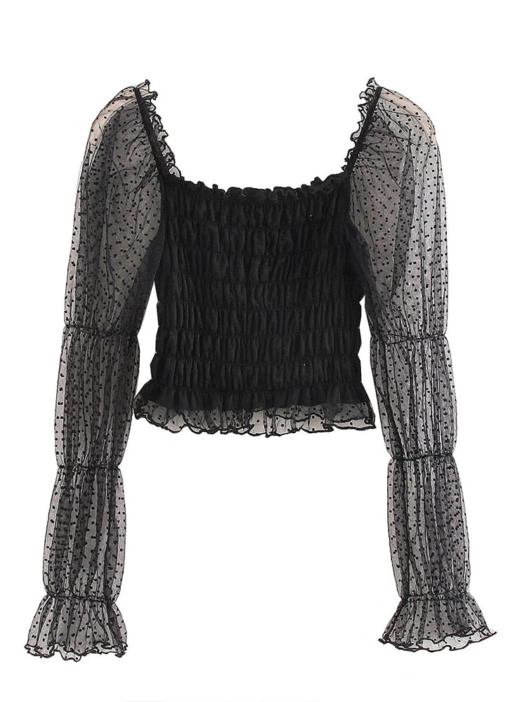 xakxx Women Sexy Fashion Smocked Elastic Ruffled Cropped Blouses Vintage See Through Long Sleeve Female Shirts Chic Tops