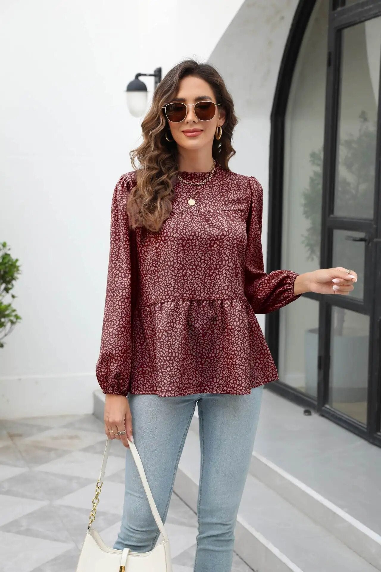 xakxx- vintage Floral Printed A-Line Blouse Women Round Neck Long Sleeve T Shirt OL Spring Autumn Fashion Tops