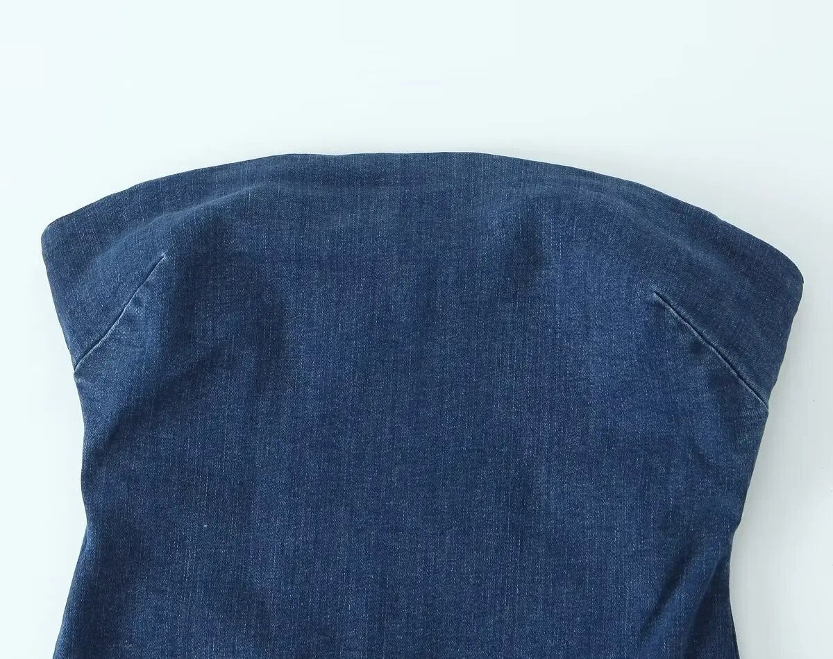 xakxx- New women's clothing temperament fashion casual one-neck tube top slim fit raw edge slit denim dress