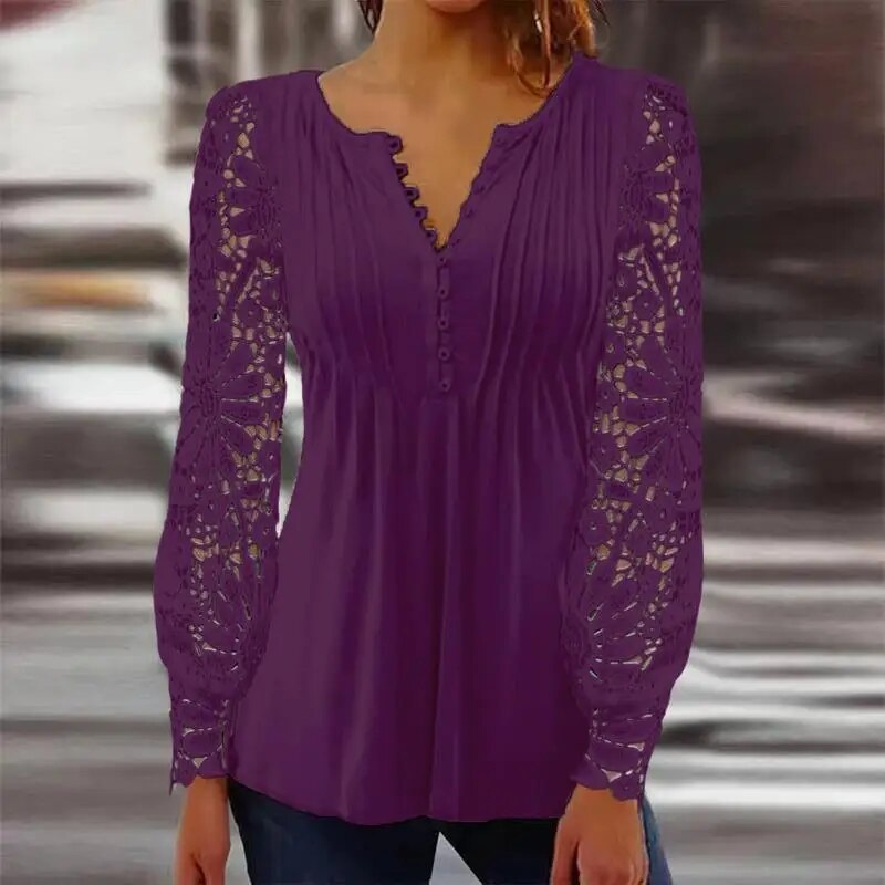 xakxx- Lace Long Sleeve Pleated Blouse Women Sexy V Neck Hollow Out Button T Shirts Lady Spring Autumn Clothes Tops