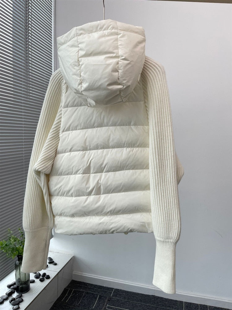 xakxx Women Knit Stitcing Hooded Down Coat Fashion Autumn Winter Female Long Sleeve Drawstring Zipper Jacket