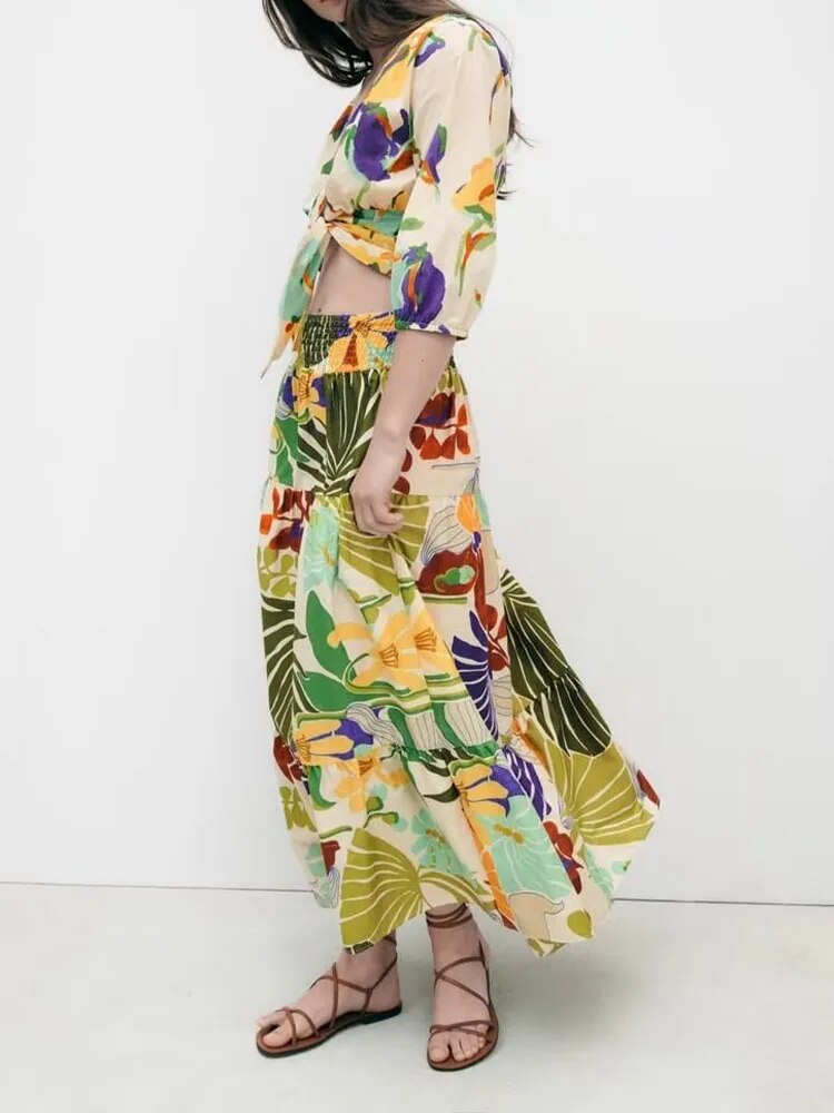 xakxx xakxx - New women's Q fashion casual tropical style printed knot decoration waist short top high waist long skirt