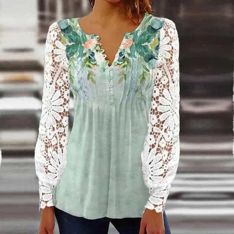 xakxx- Sexy Lace Blouses Women V Neck Hollow Out Long Sleeve Pleated Button Tops Female New Clothes Large Shirts