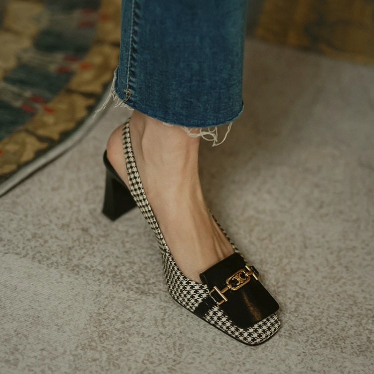 xakxx Retro Fashion Women's Shoes Thousand Bird Lattice Soft Leather Ladies Pumps Spring Square Toes Chunky Heels Female Shoes