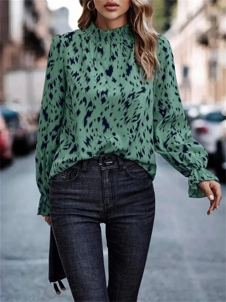 xakxx- 6 Color Polka Dot Printed Tops Ladies High Neck Long Sleeve T Shirt Office Lady Spring Autumn Fashion Blouses