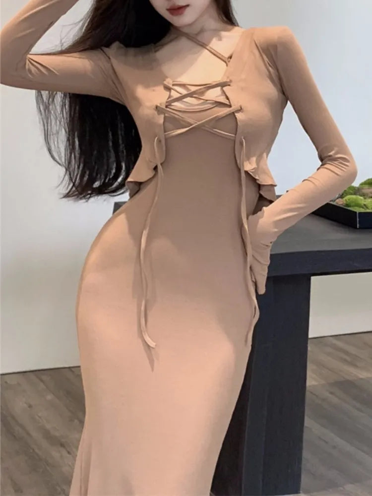 xakxx Spring Sexy Women Elegant Bodycon Dress Sets Slim Vintage Strap Party Vestidos Cardigans 2 Pieces Female Korean Fashion Outfits