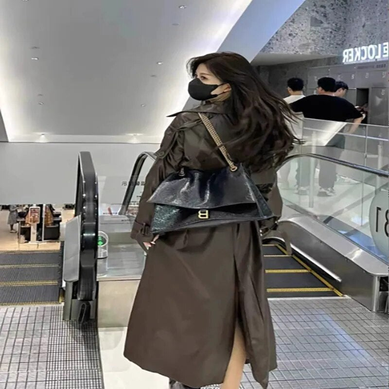 xakxx xakxx-Leather Long Trench Coat Women Autumn Fashion Loose Coffee PU Windbreaker Trench Coat For Women Plus Size