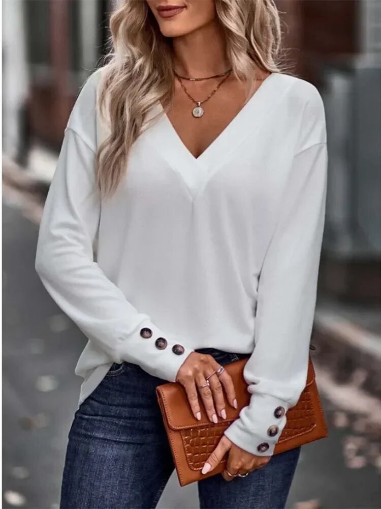 xakxx xakxx- 8 Colors Basic Pullover Women Casual V Neck Long Sleeve Tops Lady Spring Autumn Thin Blouse Clothes