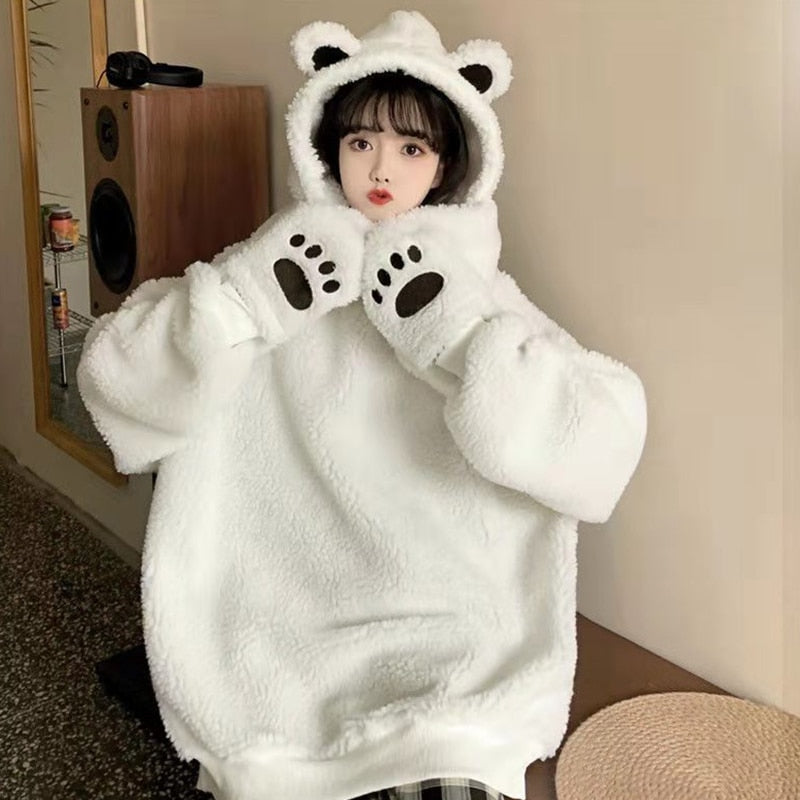 xakxx Black Friday Women Lamb Wool Two Piece Hoodies Kawaii Bear Ear Cap Faux Fur Loose Ladies Pullovers Warm Plush Thick Sweatshirts Top