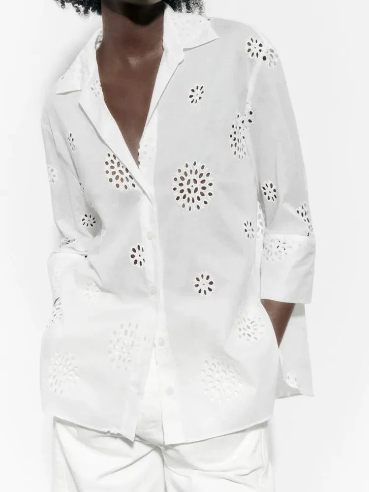 xakxx xakxx- New Women's Side Split Asymmetric Hem Front breasted Closed Cut Out Embroidery Shirt