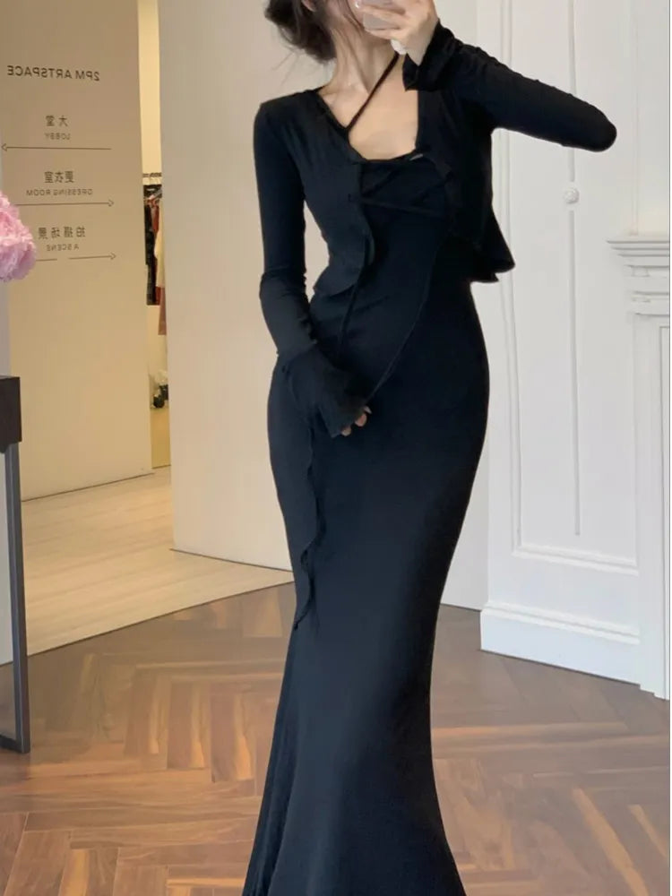 xakxx Spring Sexy Women Elegant Bodycon Dress Sets Slim Vintage Strap Party Vestidos Cardigans 2 Pieces Female Korean Fashion Outfits