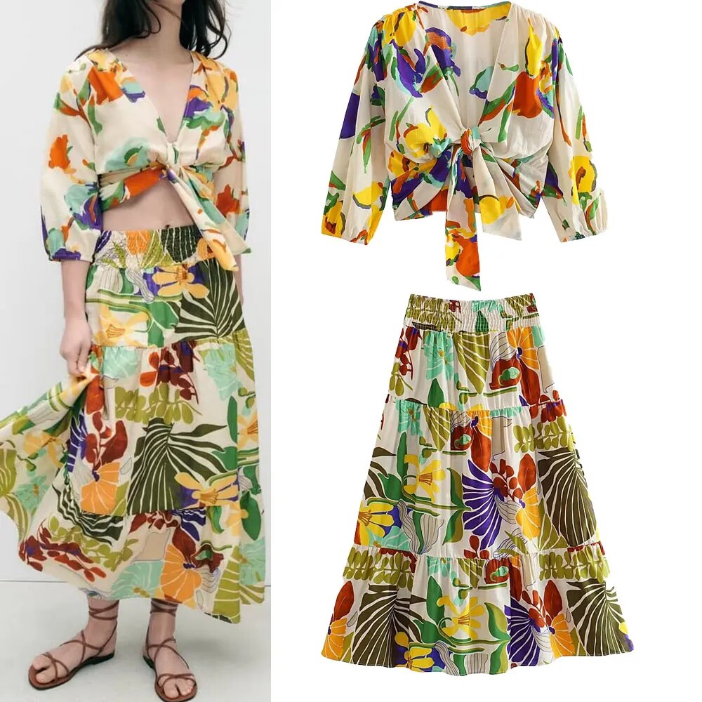 xakxx xakxx - New women's Q fashion casual tropical style printed knot decoration waist short top high waist long skirt