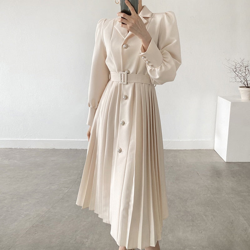 xakxx Elegant Women Spring Notched Collar Suit Single-Breasted Office Lady Full Sleeve High Waist Female Pleated Midi Dress