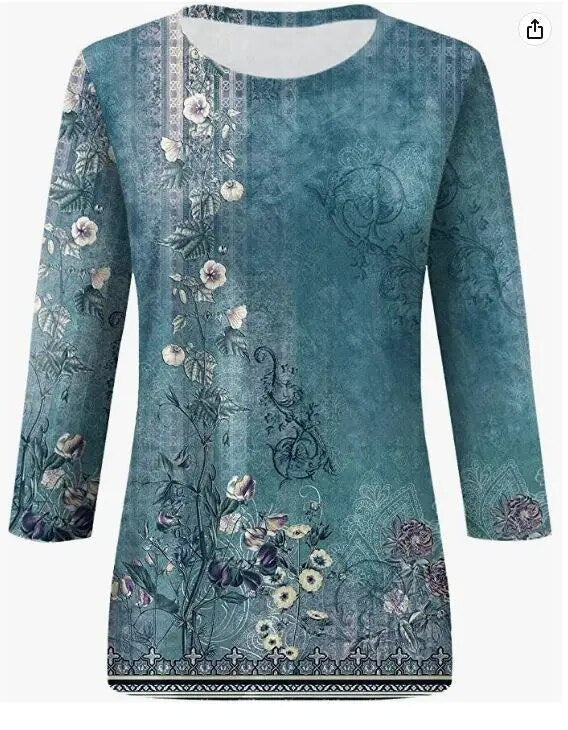 xakxx- Women Ethnic Floral Printed T Shirt Female O Neck Seven-Point Sleeve Blouse Lady Spring Summer Casual Commuter Tops