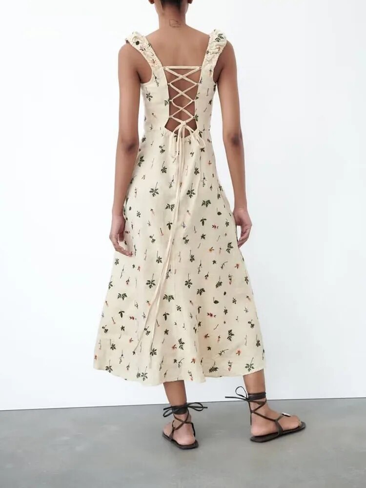 xakxx- Summer new women's clothing sexy backless strappy pastoral style open back linen embroidery midi strap dress