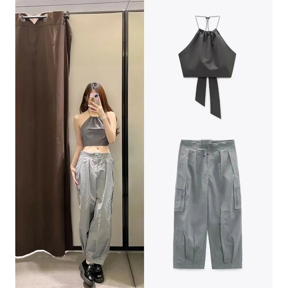 xakxx xakxx - New women's clothing, energetic temperament, fashion, casual, sexy halter collar windbreaker fabric top, nylon overalls