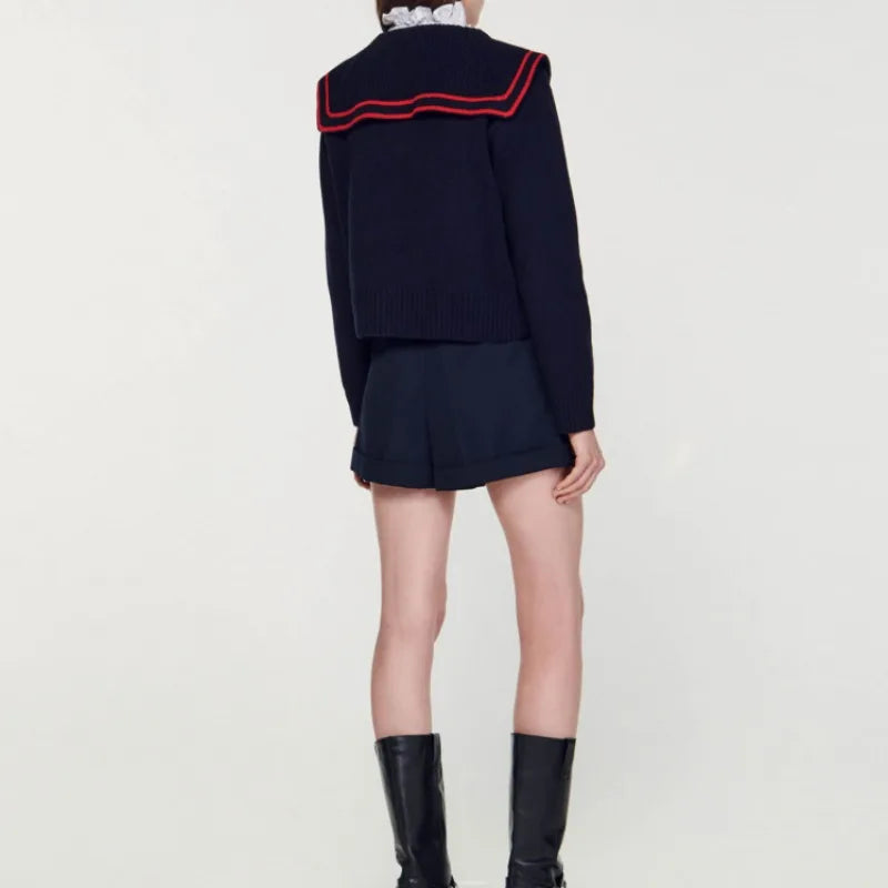 xakxx xakxx Woman Pullover Elegant Temperament Gentle Color Collision Side Lapel Buckle Knit Sweater