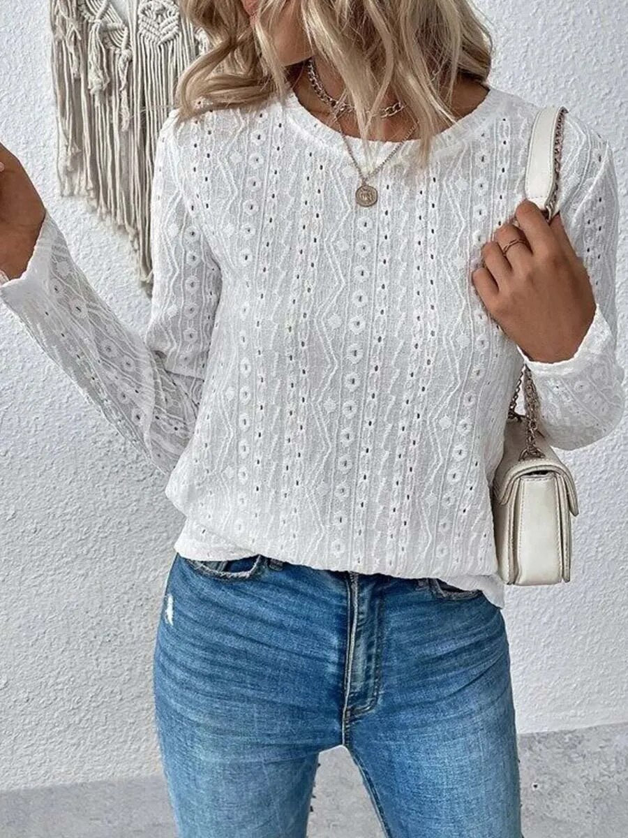 xakxx- Basic Leisure Blouse Women Hollow Out Top Solid Round Neck Pullover Long Sleeve Spring Autumn Female T-Shirts Mujer Tees