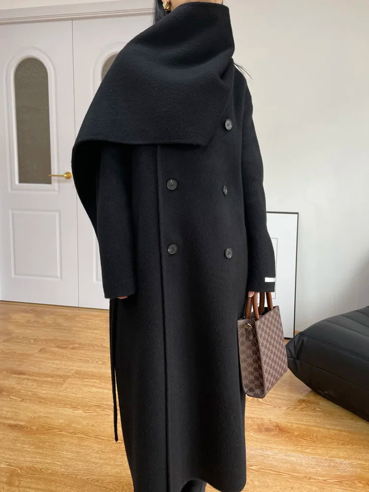xakxx xakxx-New Fashion Scarf Collar Warm Double-sided Wool Coat Loose Women Fashion Double-breasted Long Woolen Coat Female Clothing Autumn