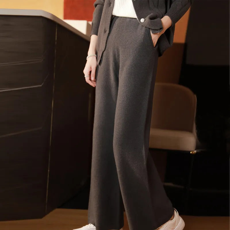 xakxx xakxx-Cashmere wide-leg pants women's high waist straight pants wear casual wool pants in autumn and winter.