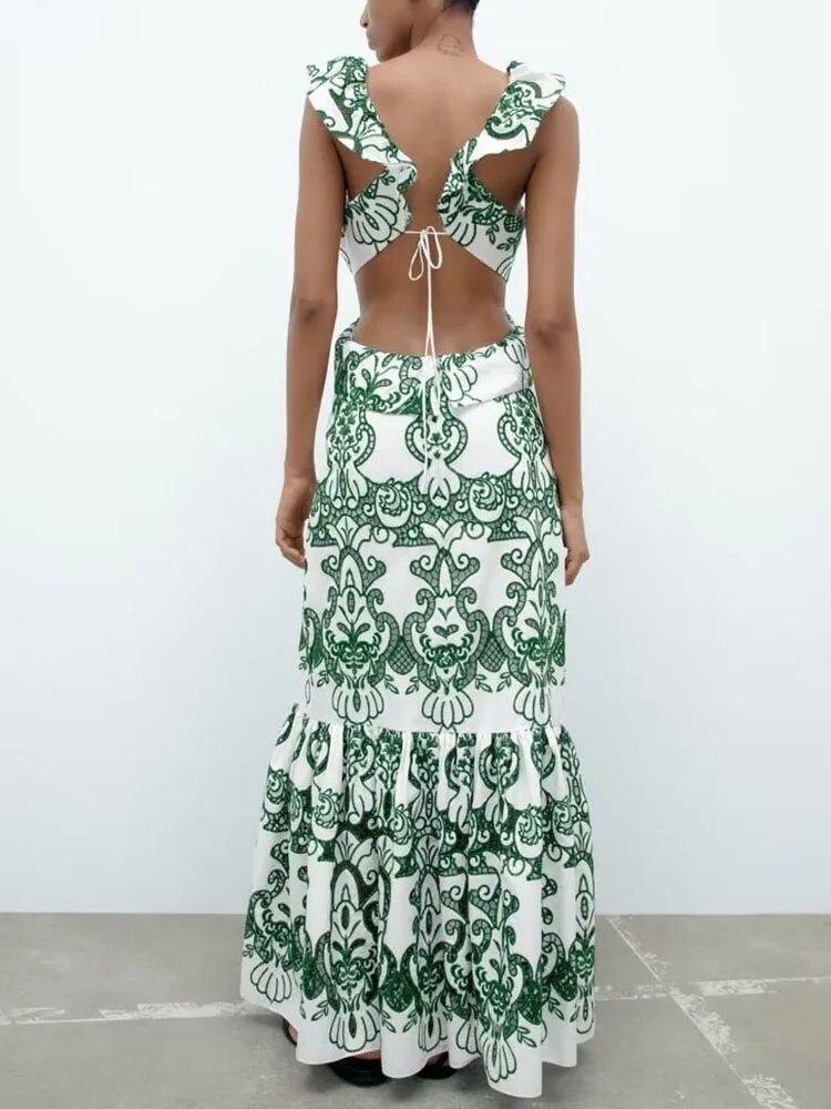 xakxx- New women's casual sexy V-neck halter tie green embroidery sleeveless layered dress 3152032