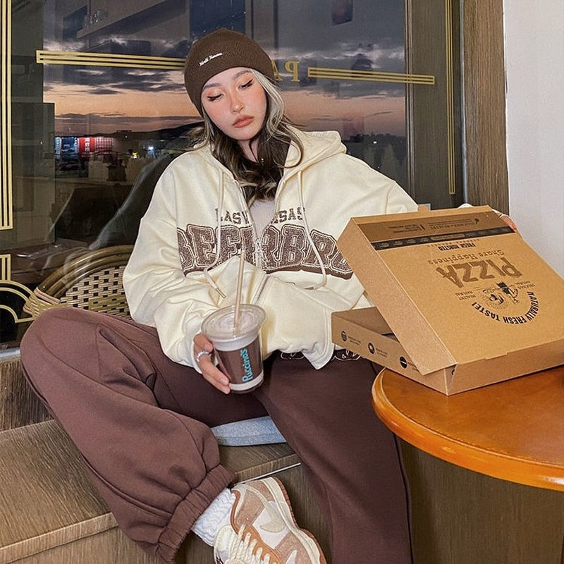 xakxx Vintage Oversized Hoodies Women Letter Printing Zip Up Sweatshirts Streetwear Casual Long Sleeve Hooded Sweatshirt Clothes Top