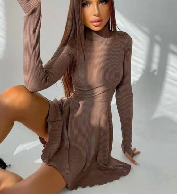 xakxx Spring Long Sleeve Solid Dress Girl A-line Pleated Skirt Prom Party Dance Clothes French Hollow Backless Dress for Women