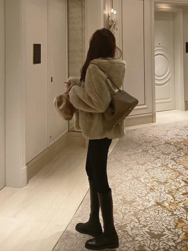 xakxx New Women Autumn Winter Casual Fashion Korean Style Version Teddy Faux Fur Coat Furry Hooded Jacket Female